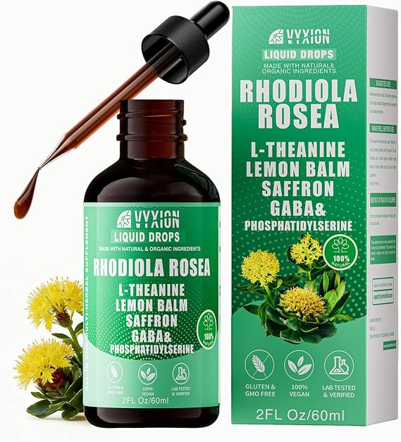 Vyxion Rhodiola Rosea Tincture, Supports Mood, Stress, Calm & Focus, 10-in-1 Liquid Drops with Saffron, GABA & L-Theanine, Vegan, Alcohol-Free, Wellness Routine, 60ml, Herbal Formula