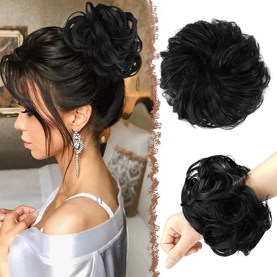 FESHFEN Large Messy Bun Hair Piece - Wavy Synthetic Chignon Scrunchies Elastic Ponytail Hair Extensions Thick Hairpieces for Women, Off Black 1.94oz