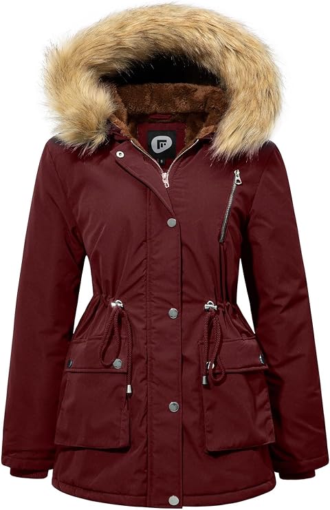 Women's Fur Hood Winter Parka Thicken Winter Jacket Coat Hooded Puffer Coat with Removable Fur Trim