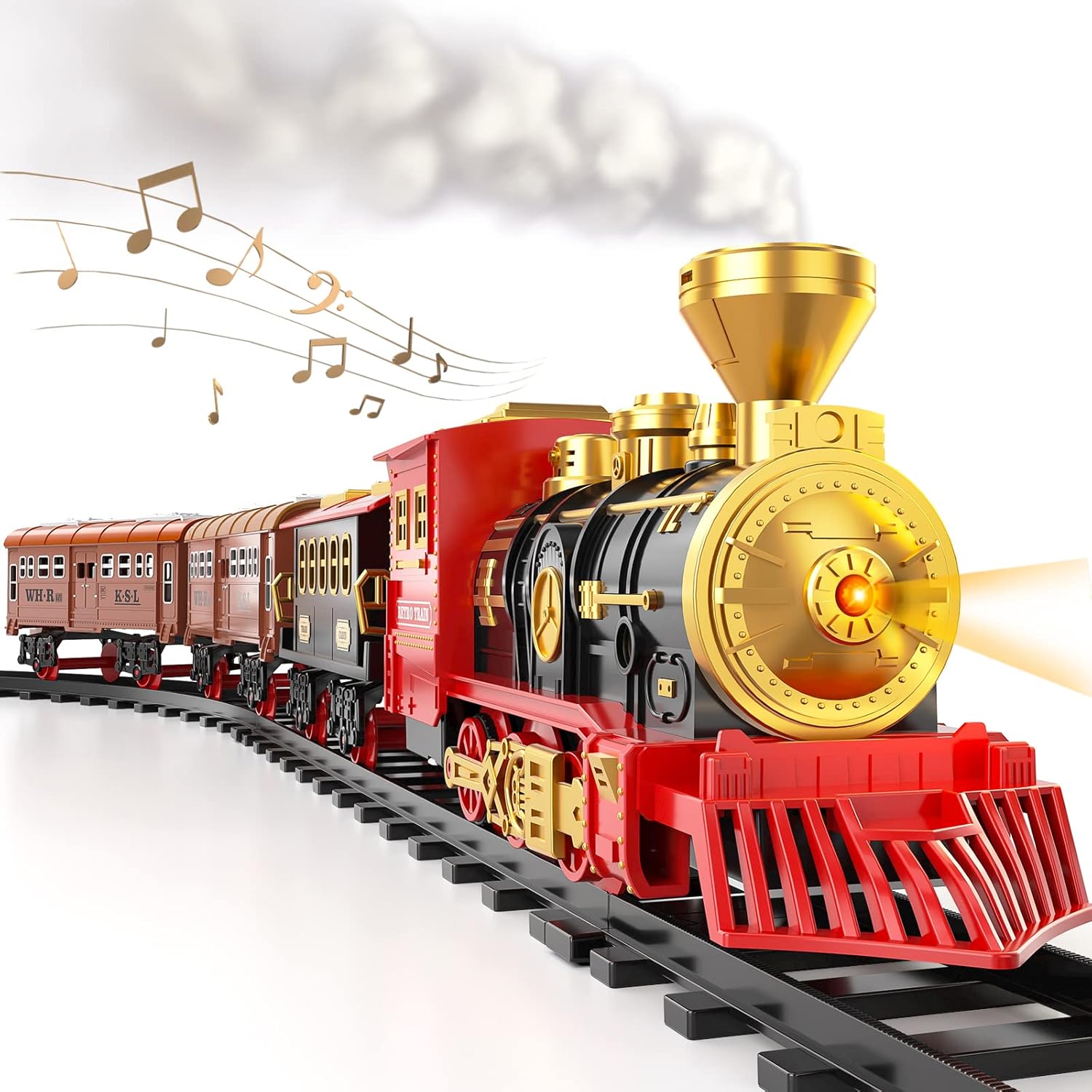 Locomoto Train Set - Electric Train Toys wSmoke, Light and Sounds ONOff, Toddler Train Sets for Boys 2-4 wSteam Locomotive Engine, Carriages and Tracks, Christmas Toy Train for Preschool Kids