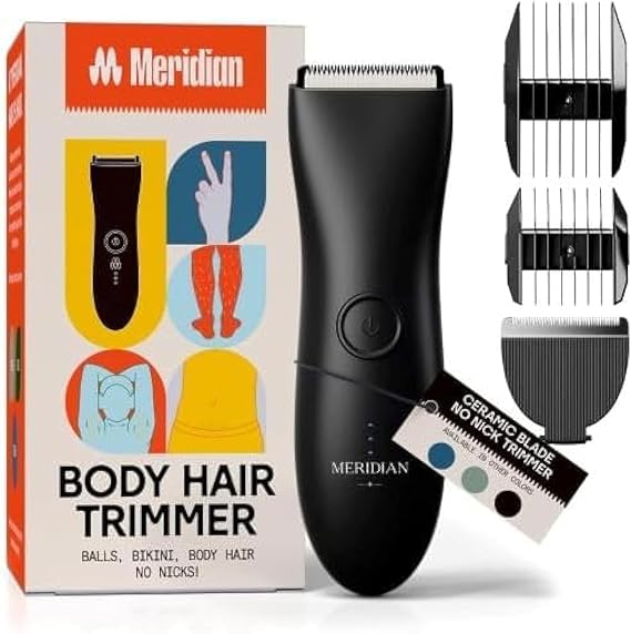 MERIDIAN The Starter Package | Body & Pubic Hair Trimmer Kit | Onyx | Includes 1 Replacement Ceramic Blade, 2 Guide Combs and USB Charging for Convenient Cordless Wet or Dry Grooming