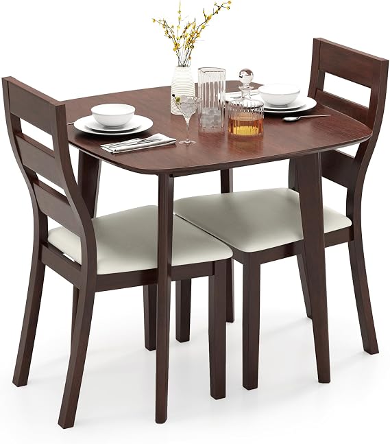 GIANTEX Small Dining Table Set for 2, Wood Square Kitchen Table and 2 Dinner Chairs with Upholstered Seat & Curved Backrest, Space-Saving Dinette Set for Small Space, Living Room, Dining Room