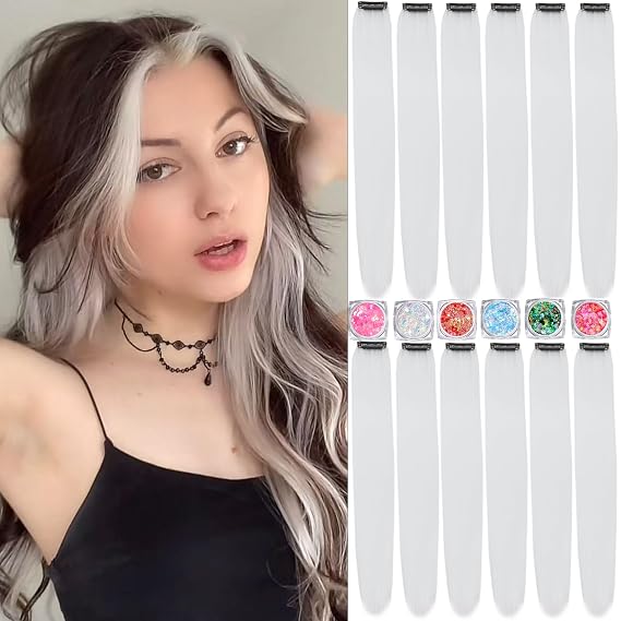 Colored Hair Extensions, 22 Inch Straight Clip in Hair Extension Body Face Hair Glitter Multi Color Rainbow Pink Red Hairpiece Extensions for Kids Girls Women (Glitter+White)