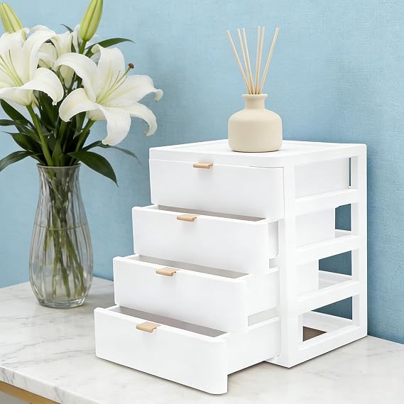 WooDerson Desktop Storage Box, 4 Drawers Stackable Desktop Storage Drawers Plastic Unit White Makeup Modern Drawer Organiser, PP Desk Organizer with Drawer for Home Office Dresser Dorm Supplies
