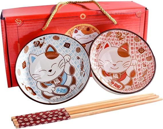 Ceramic Rice Bowl with Chopsticks Set of 2, 4.5'' Cute Cat Small Bowls
