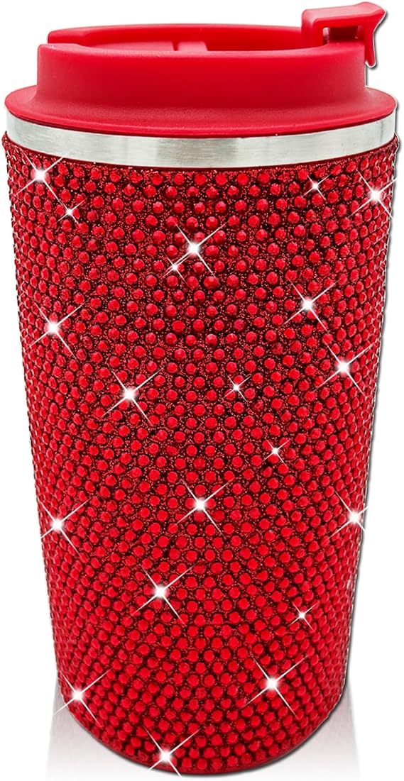 17oz Rhinestone Insulated Coffee Mug with Leak Proof Lid Stainless Steel Vacuum Bling Travel Coffee Mug Studded Diamond Sparkly Coffee Tumbler Cup Reusable Portable To Go Mugs (Red)