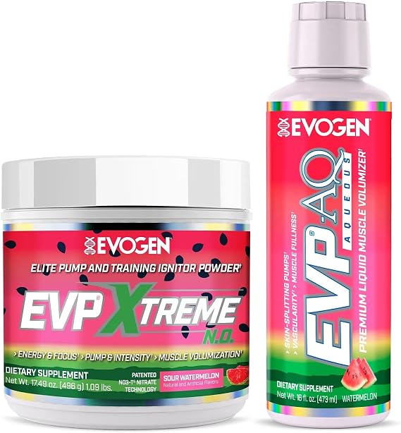 Evogen EVP Xtreme NO + EVP AQ Bundle Pre Workout Powder & Liquid Glycerol Volumizer for Men & Women | Extreme Pump, Energy, Hydration & Vascularity | Sour Watermelon