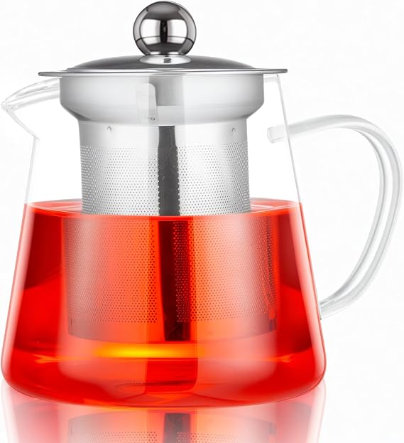 Spring Chef 450ML/15.83OZ Round Glass Teapot with Infuser, Heat-Resistant Borosilicate Glass Strainer Teapot, Removable Infuser Tea Pot Handmade