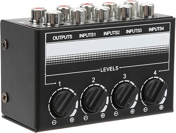 Audio Mixer, 4 Channel Mixer Metal Shell Support Input and Output Mini Passive Stereo Mixer Mini Passive Stereo Audio Mixer Mini Mixer for Outdoor Singing Effect Equipment