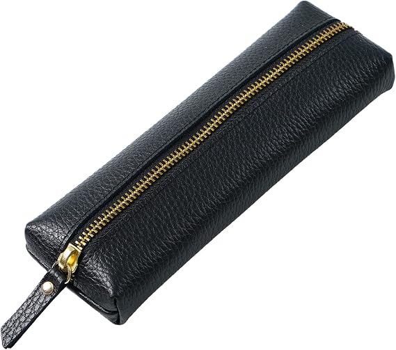 Genuine Leather Pencil Case - Zippered Pen Case Stationery Bag Zipper Pouch Pencil Holder (Black)