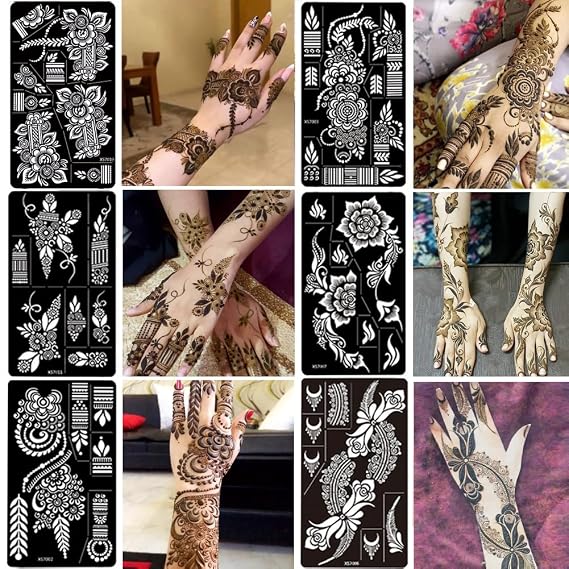 12 Sheet Henna Tattoo Stencils kit, Forearm Hand Temporary Tattoos Template | Black Body Art Tattoos, Indian Airbrush Tattoo Stickers for Women Girls