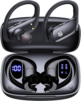 bmanl Wireless Earbuds Bluetooth Headphones Over Ear Hooks Ear Buds with 80H Playtime, LED Power Display, Dual Mic Clear Calls, Sports Wireless Ear Buds Bluetooth Earbuds for Running Gym Workout Black