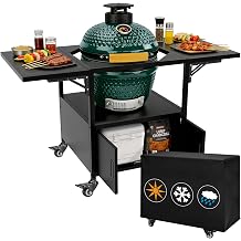 Outdoor Big Green Egg Grill Cart,Egg BBQ Grill with Dustproof Cover| 3-Duty Storage| 2 Sided Prep Table| 530Lbs&Heavy Duty Metal| Outside-in Easy assembly| Compatible with Big Green Egg,Kamado Joe