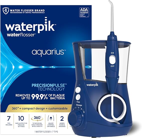 Waterpik Aquarius Countertop Water Flosser with 10 Settings, 7 Tips, Blue | For Daily Home Gum Health, Dental Braces, Implants, Teeth Cleaning, Multiple Users, ADA Accepted WP-663 Packaging May Vary