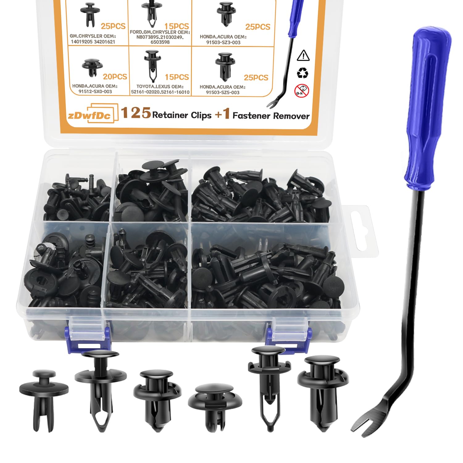 125PCS 6 Sizes Bumper Retainer Clips Fastener Removal Tool Car Accessories Plastic Clips Fasteners Push Replacement Retainer Kit Push Pins Rivets Set for GM Ford Toyota Honda Chrysler DD020-125