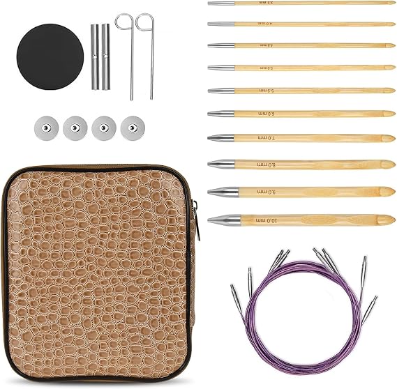 Tunisian Crochet Hooks Set with Cables 10 Interchangeable Afghan Crochet Hooks (3.5mm10mm) with 4 Swivel Cords, End Caps, Connectors & Storage Case Bamboo Crochet Hook Kit for Beginners & Experts