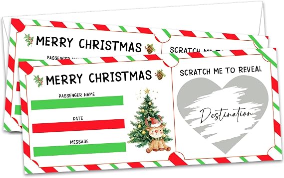 Christmas Boarding Pass Gift Ticket, Boarding Pass Airline Tickets Scratch Off Travel Tickets With Envelopes, Scratch & Reveal Surprise Ticket for Couples New Year Anniversary Birthday/004(2 Set DIY)