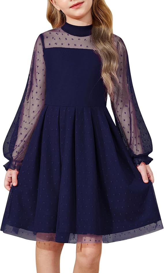 Arshiner Girls Dresses Contrast Mesh Puff Long Sleeve Formal Party Dress