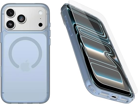 OtterBox iPhone 17 Pro Max (Only) Bundle: Symmetry Series+ Case & Screen Protector - Blue Bliss - Snaps to MagSafe - Ultra-Sleek - Raised Edges Protect Camera & Screen - Non-Retail Packaging