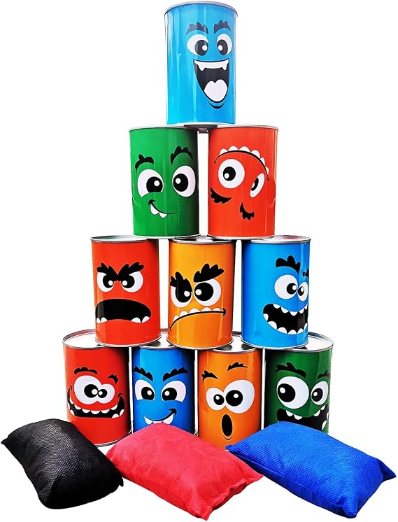 Bean Bag Toss Game for Kids Outdoor Indoor Family Fun, Knockdown Tin Can Alley Game for Holiday Birthday Party Games - 10 Funny Face Cans and 3 Beanbags
