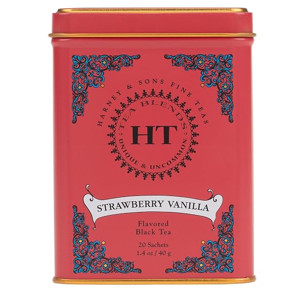 Harney & Sons HT Strawberry Vanilla Black Tea, 20 Sachets in Tin | Black tea with strawberry and vanilla flavors for a smooth, fruity cup. Contains caffeine.