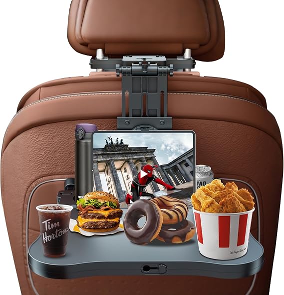 Car Back Seat Tray Table-Stable Auto Backseat Food Trays Desk for Rear Passenger Road Trip Eating & Work, Multifunctional Adjustable Travel Tray with Phone Drink Holder for Laptop iPad