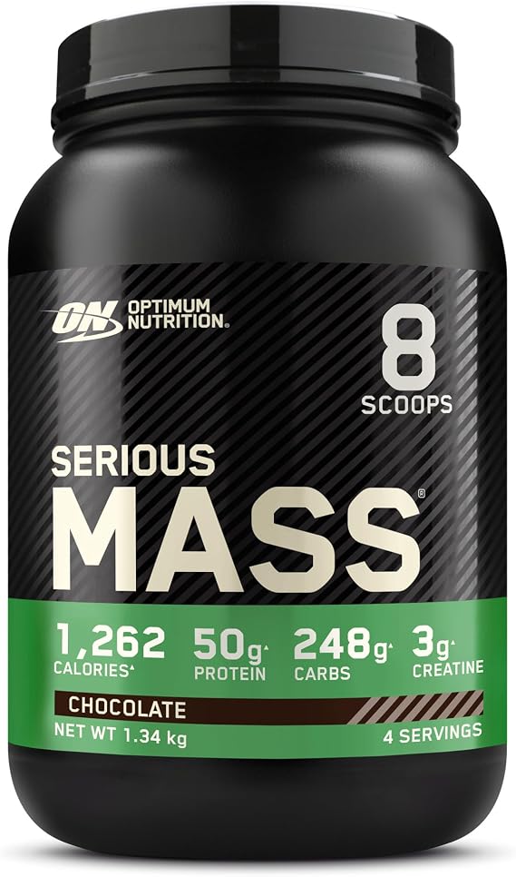 Optimum Nutrition Serious Mass Protein Powder High Calorie Mass Gainer with Vitamins, Creatine and Glutamine, Chocolate, 4 Servings, 1.34 kg, Packaging May Vary