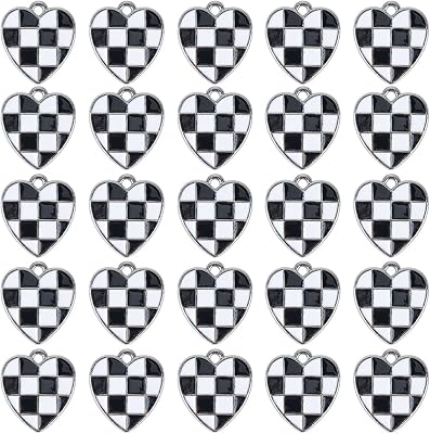 SUNNYCLUE 1 Box 30Pcs Checkered Charms Bulk Black and White Heart Charm Metal Enamel Hearts Love Chic Racing Flag Charms for Jewelry Making Charms Keychain Earrings Accessories Wedding Women Beginners