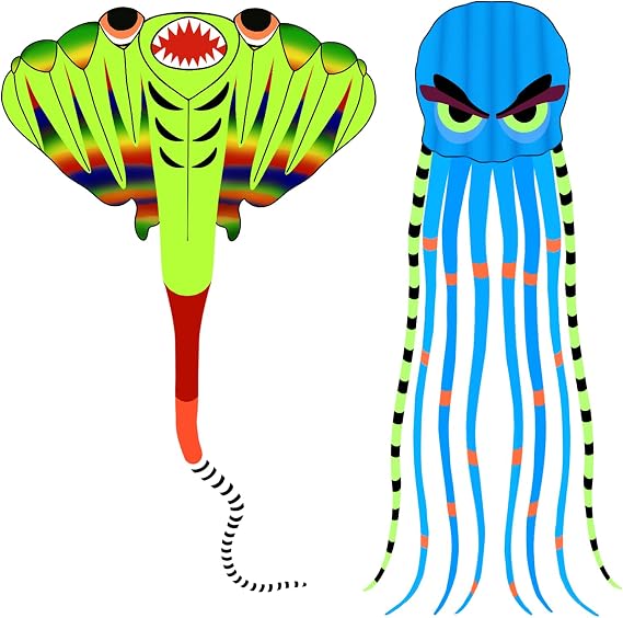Octopus Kite 26ft Blue & 41ft Stingray Kite Green
