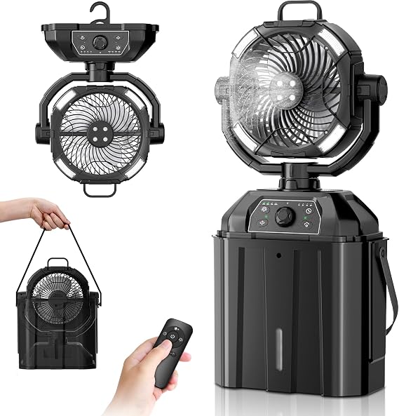 1.6GAL Bucket Portable Misting Fans for Outdoors Patios,20000mAh Rechargeable Battery Operated Camping Fan-4 Spray Outlets & LED Lantern,Outdoor Mister Cooling Fan for Travel Tent Party Office