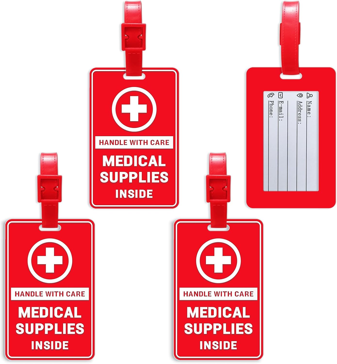 4 Pack Medical Supplies Inside Tag with Name ID Card, Handle with Care Alert Luggage Tag for Travel Suitcase or Bags, Easy to Identify, Suitable for Diabetic Supplies, Respiratory Devices, Red