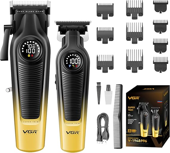 VGR 196&996 Professional Hair Clippers for Men & Hair Trimmer Set, Gold | 7000 RPM; dual speed; 2000mAh battery; 200min/300min runtime; ceramic blade; stainless steel blade; 10 guide combs