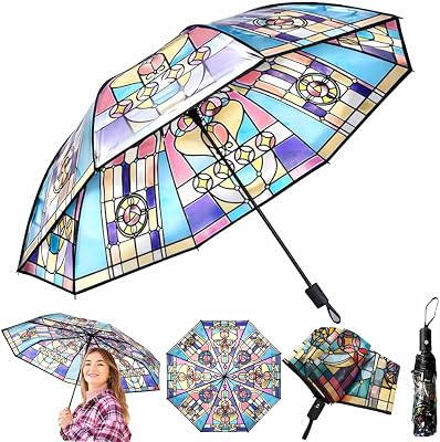 SMORBRID Stained Glass Automatic Umbrella,Transparent Vintage Parasol Umbrellas,Clear Umbrellas for Rain,Automatic Folding Umbrella for Women Girl