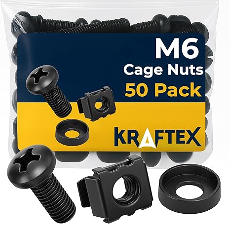 M6 Cage Nuts, Screws and Washers [Size: M6 x 16mm 50 Pack] Rack Mount Screws Hardware for use with Network and Server Rack Accessories, Routers, Cabinets and Enclosures.