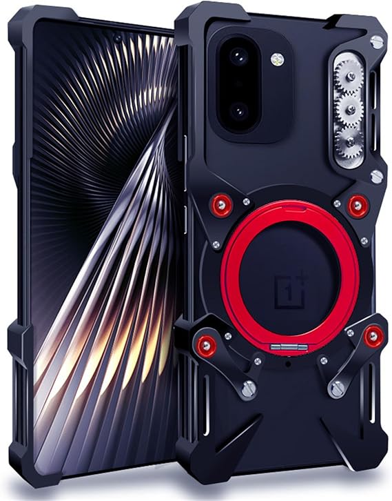 DAYJOY Magnetic Metal Case Compatible with OnePlus 15, Premium Aluminum Cool Mechanical Punk Style Shockproof case with Kickstand Rotatable Holder (Black)