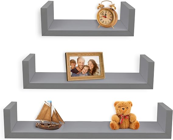 Greenco Set of 3 Floating U Shelves, Easy-to-Assemble Floating Wall Mount Shelves for Bedrooms and Living Rooms, Grey Finish