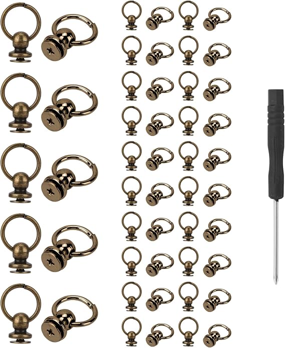 50pcs Screwback Round Head Rivet with Pull Ring Studs with Screwdriver for DIY Leather Craft Belts Purse Handbags Phone Cas (Bronze)