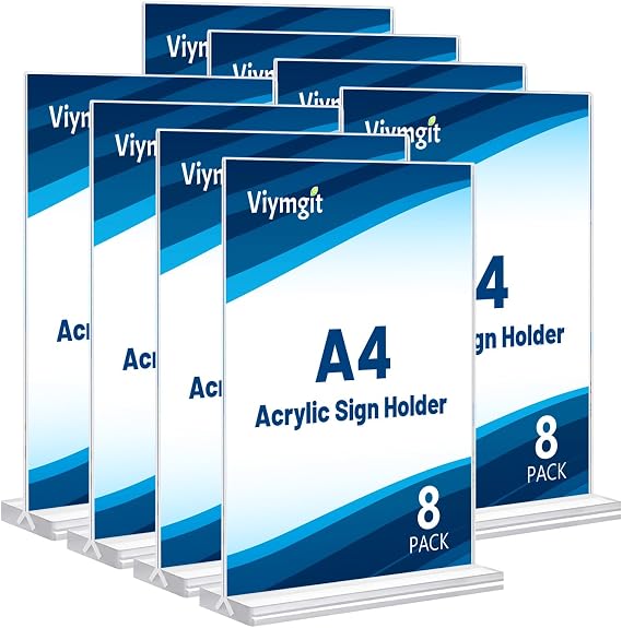 Viymgit A4 Acrylic Sign Holder, 8 Pack Clear Double-Side Table Perspex Display Stand, Plastic Vertical T-Shape Menu Poster Holder for Restaurant, Office, Exhibition, Store