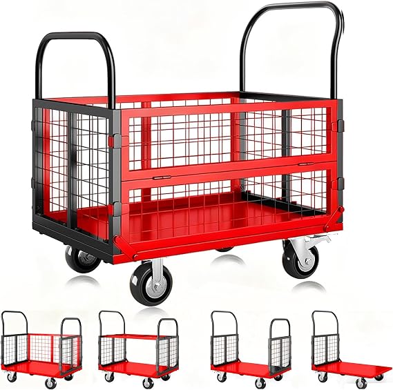 ACEKOOL 6-in-1 Foldable Platform Truck with Cage, 1800Lbs Heavy Duty | Push Cart Dolly, Flatbed Hand Truck, Multipurpose for Grocery, Laundry, Garage, Warehouse, Black & Red