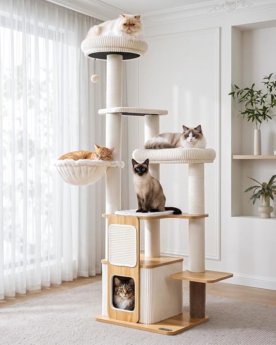 Wood Cat Tree for Indoor Cats, Modern Cat Tower with Sisal Posts