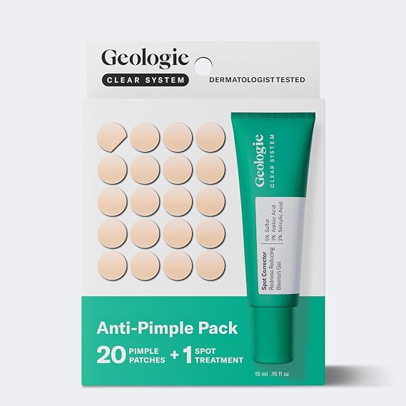 Geologie Clear System Anti-Pimple Pack, 20 Hydrocolloid Patches, Spot Treatment Gel with 5% Sulfur, Fast-Acting Acne Care