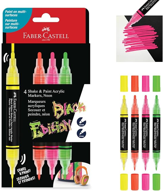 Faber-Castell Shake & Paint Markers: Neon - 4 Count Dual Tip Acrylic Paint Pens - Art Markers for Fabric Painting, Drawing & Art Supplies, Graffiti Markers