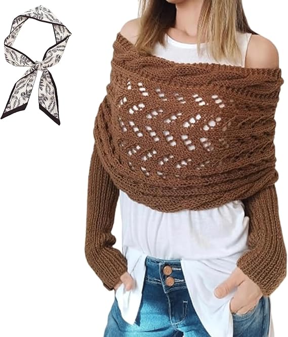 Knitted Cable Wrap & Scarf with Sleeves - Fall Shawl for Women