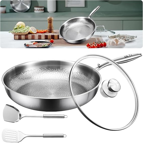 Titanium Hammered Pan Pro, Titanium Cookware, Multifunctional Pots and Pans Set, Non Stick TitaniumFrying Pans for Cooking (With Cover, 11.02in)