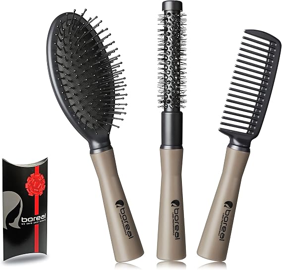 Professional hHairbrushes Set: Oval Cushion Brush, Thermal Roller, Comb. Made in Italy. Good Idea for Woman. Dry Wet Smooth Curly Hair.