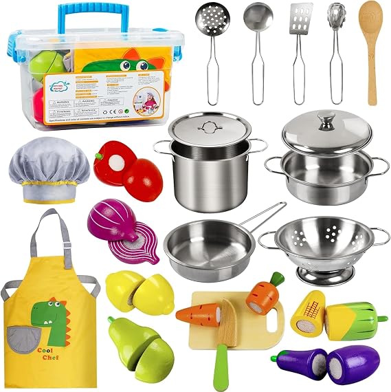 EFO SHM Toy Kitchen Accessories Role Play Cutting Food Toy Cookware Pot & Pan Set, Play Kitchen Accessories Utensil Chef Set Toy Gift 3 4 5 6 Boys and Girls Toddler
