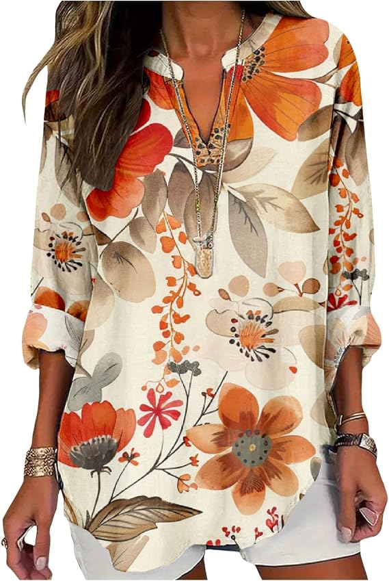 Womens Floral Boho Shirts V Neck Plus Size Tunic Tops 3/4 Long Sleeve T-Shirts for Women Blouses Dressy