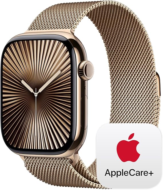Apple Watch Series 10 [GPS + Cellular 46mm] with Gold Titanium Case with Gold Milanese Loop - M/L. Fitness Tracker, ECG App, Always-On Retina Display, Carbon Neutral with AppleCare+ (2 Years)
