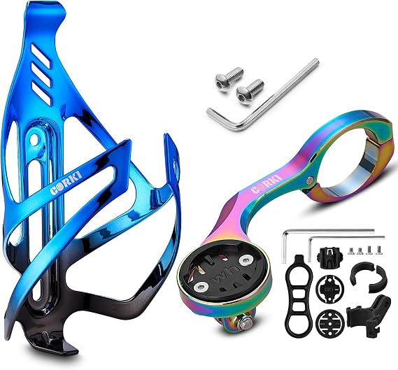 Corki Cycles Bike Water Bottle Holder Aluminum Alloy-1 Pack-BluBlk with Out Front Bike Edge Mount Compatible with GM Wahoo Bryton Cateye