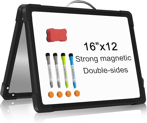 Small Dry Erase White Board - 16"x 12" Double Sided Mini Foldable Magnetic Desktop whiteboard for Drawing, Teacher Instruction and Meeting Discuss
